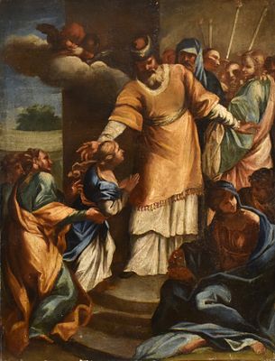 Scuola del XVII/XVIII secolo Presentazione di Maria Vergine al tempio olio su tela cm. 95&times;73