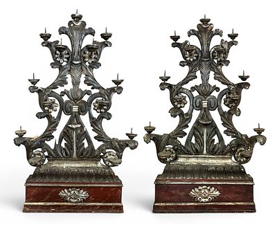 COPPIA DI TORCERE legno laccato e lamina d’argento Centro Italia XVIII Secolo 48 X 95