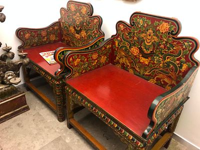 COPPIA POLTRONE legno laccato Tibet Vecchia manifattura 100 X 74 X 33