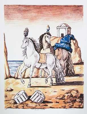 Giorgio De Chirico 'Ancient Horses'. Giorgio De Chirico (after) 'Ancient Horses' offset 