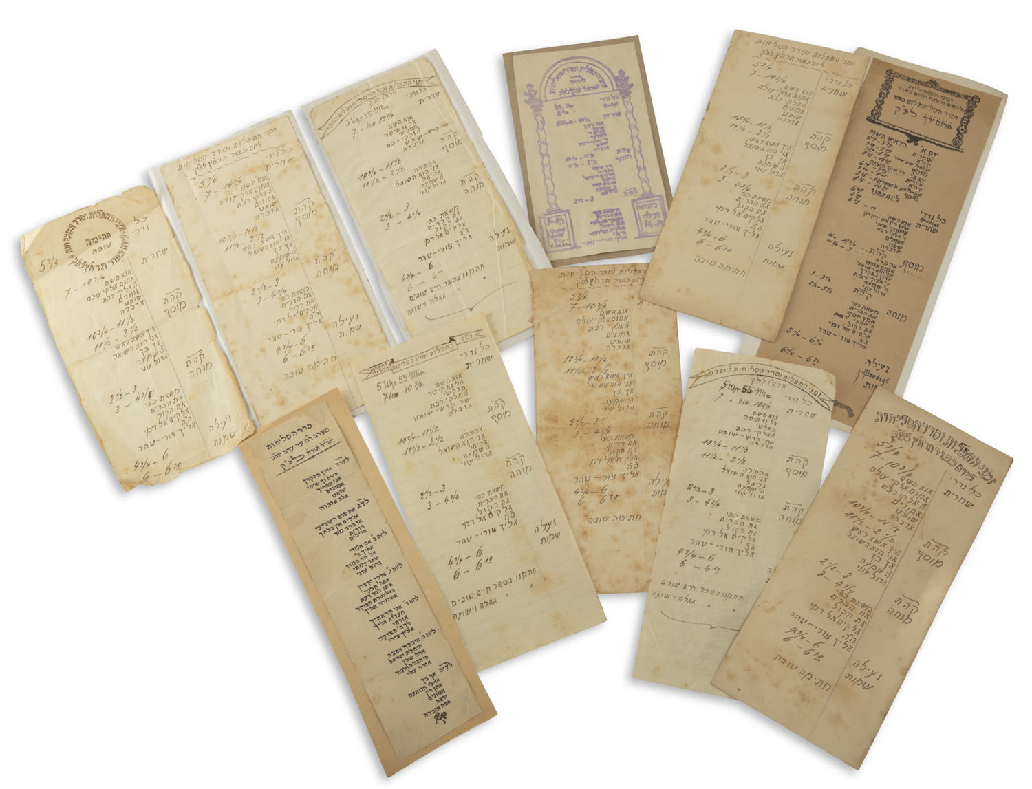 Manuscript and mimeograph, collection of [10] notices of prayer times and ...