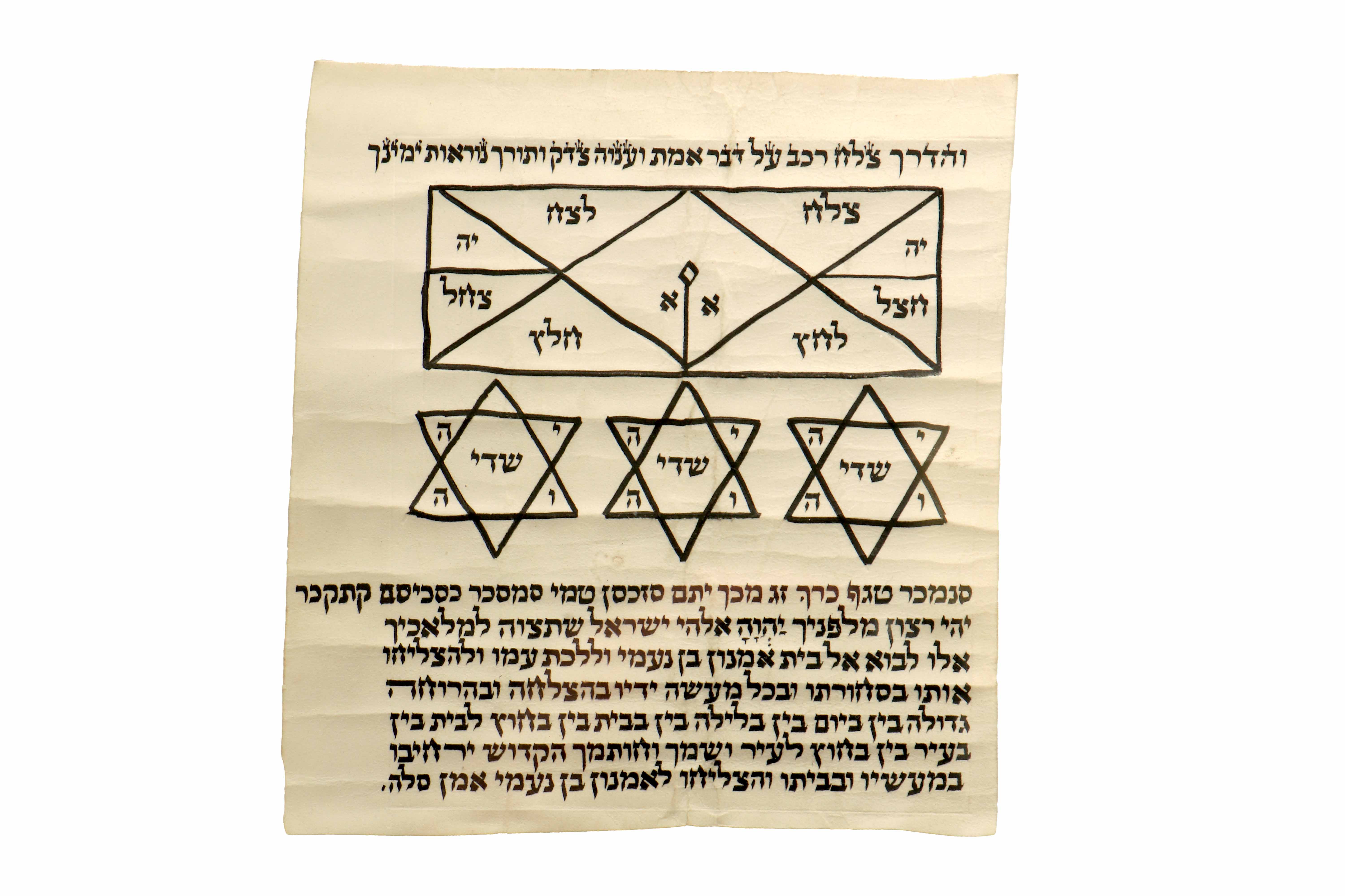 Collection of six different amulets for protection and safeguarding, ink on parchment.