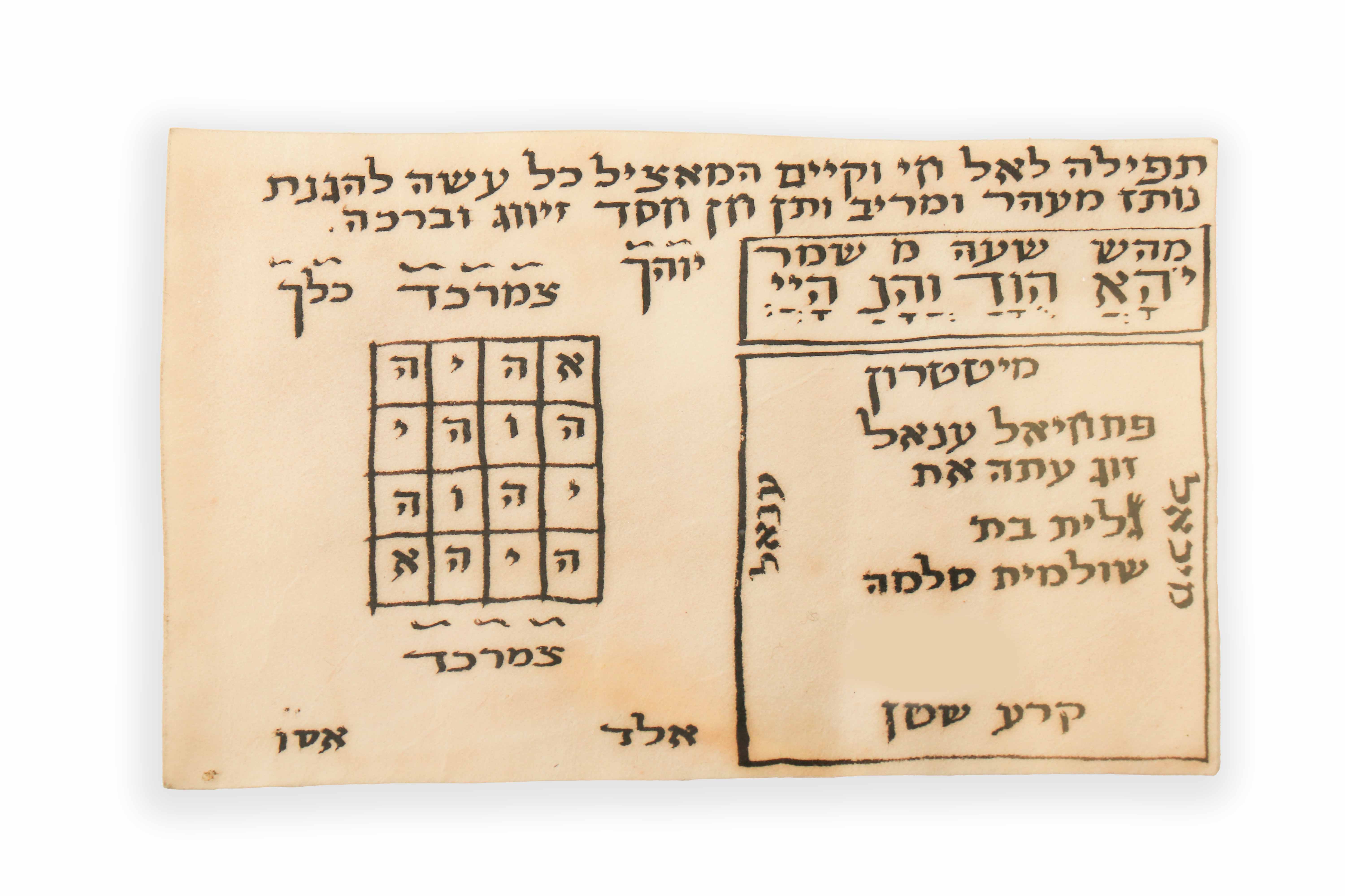 Collection of six different amulets for protection and safeguarding, ink on parchment.