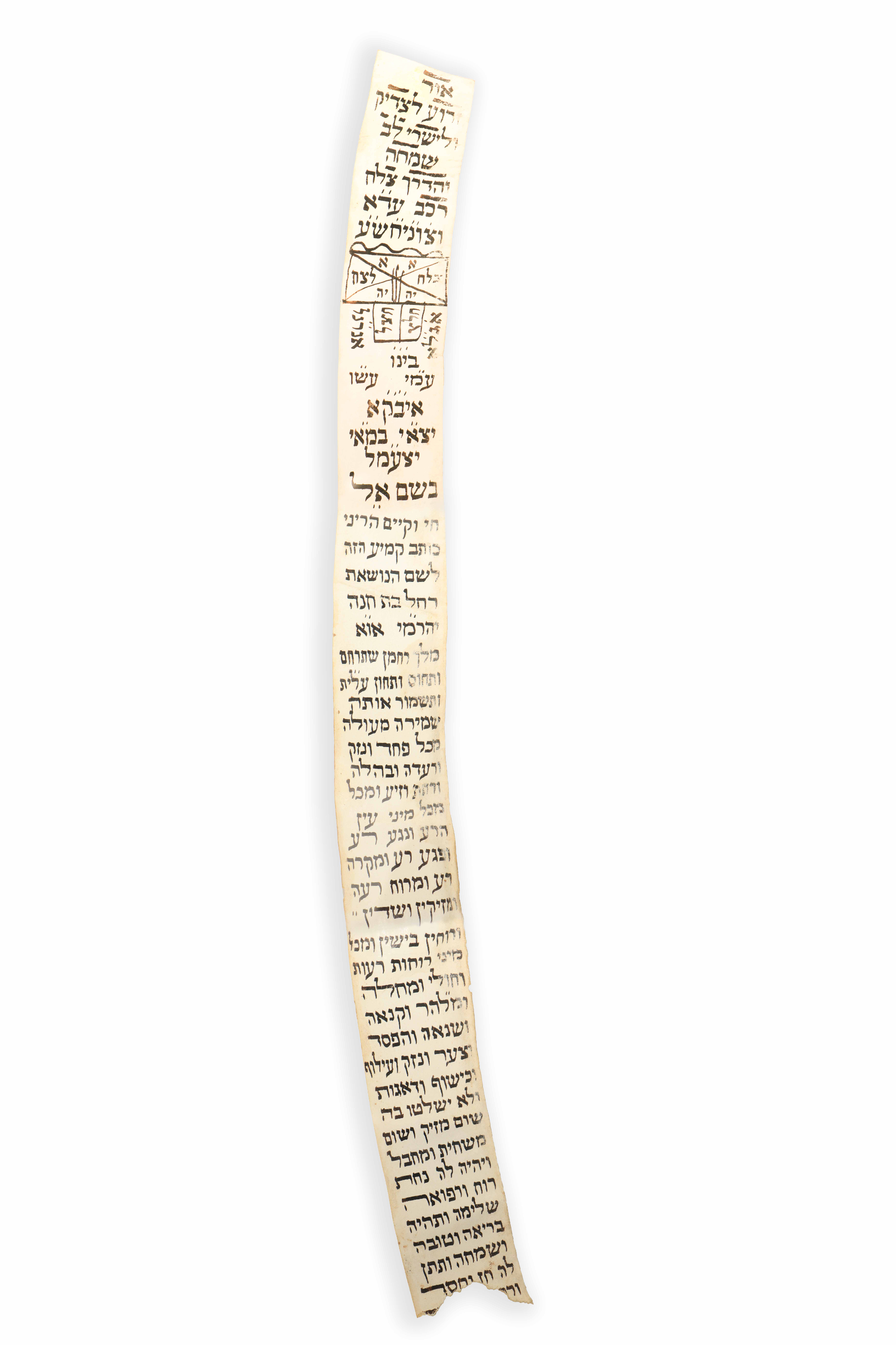 Collection of six different amulets for protection and safeguarding, ink on parchment.