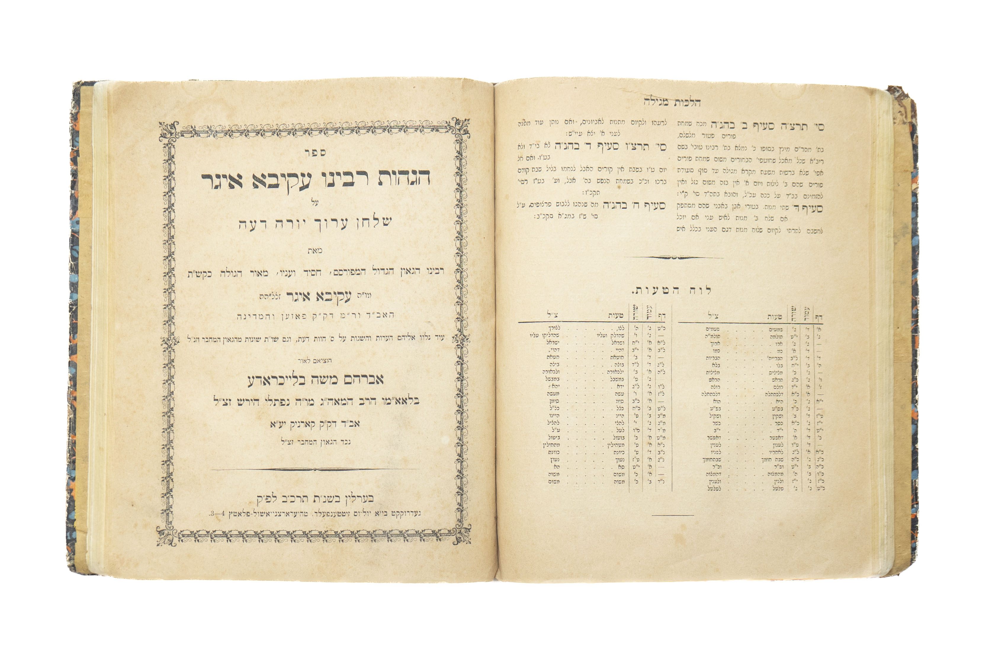ספר הגהות רבינו עקיבא איגר על שלחן ערוך אורח חיים ויורה דעה – ברלין תרכ"ב – מהדורה ראשונה – שני החלקים בכרך ...