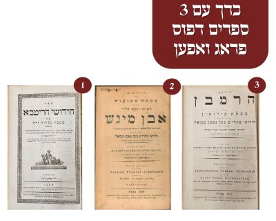 כרך עם 3 ספרים דפוס פראג ואפען. הדפסה ראשונה של חידושים מה"חתם סופר" בחייו 
1. חידושים על מסכת 