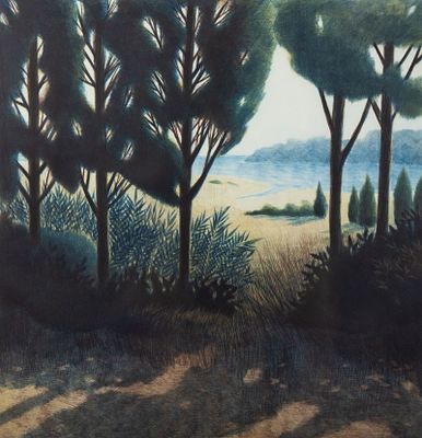 Through the Trees' Serigraph Print Signed. A serigraph by an unknown artist titled 'Through the 