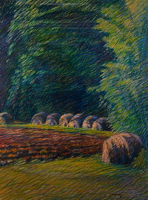 R Marsh 'Paranoid Haystacks' Oil Stick on Paper Drawing. A Robert Marsh (American, b.XX) oil 