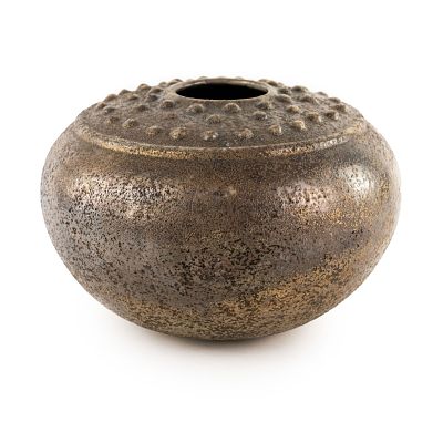 Raku Ceramic Art Pottery Bulbous Vase Signed. A raku ceramic art pottery vase having a bulbous 