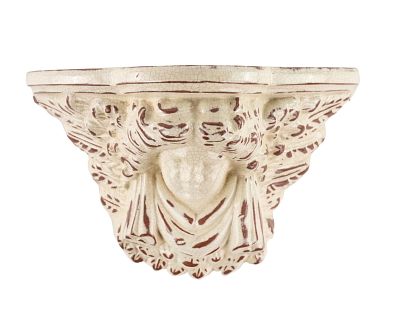 Painted Terracotta Cherub Wall Mount Shelf. A painted terracotta wall mount shelf depicting a 
