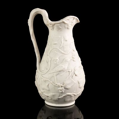 Mid 19th C. English Embossed Parian Ware Pitcher. An early 19th century embossed parian ware 