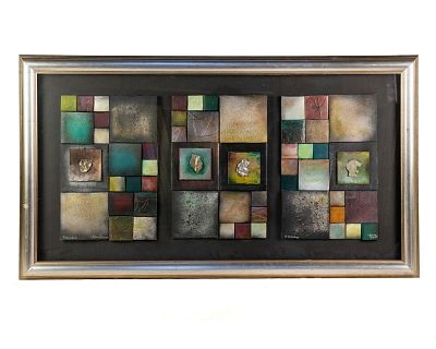 Nancy Childs Chapin Mixed Media Triptych Collages. A framed triptych of Nancy Childs Chapin 