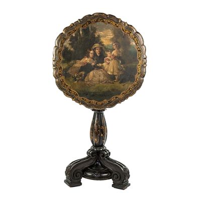 19th C Victorian Black Painted Tilt Top Table. A 19th century Victorian black flip top table 