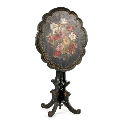 19th C Victorian Black Floral Motif Tilt Top Table. A 19th century Victorian black painted flip 