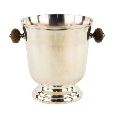 Christofle Silverplate Ice Bucket. A Christolfe silverplate ice bucket having turned wooden 