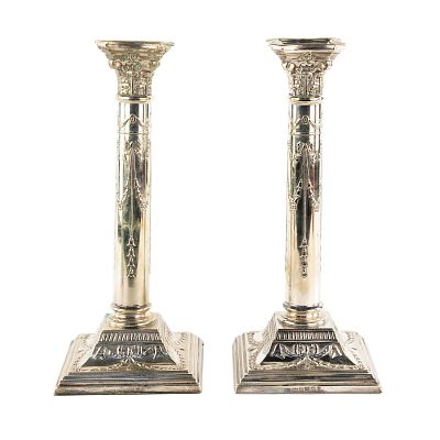Pair of J Parkes & Co Silver Plate Column Candlesticks. A pair or JP &amp; Co. ENPS silver plate 