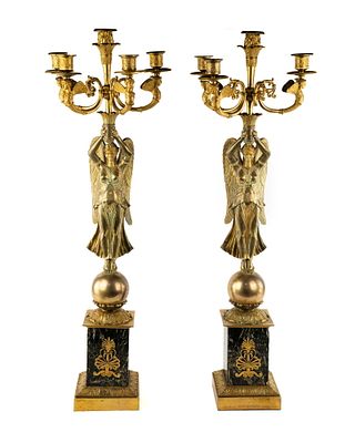 19th C Russian Empire Bronze Angel 5-Light Candelabras. A 19th century pair of Russian Empire 