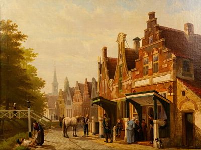 A. Ravenswaay 'Town View' Oil on Board. An Adriana Van Ravenswaay (Dutch, 1816 - 1872) oil on 