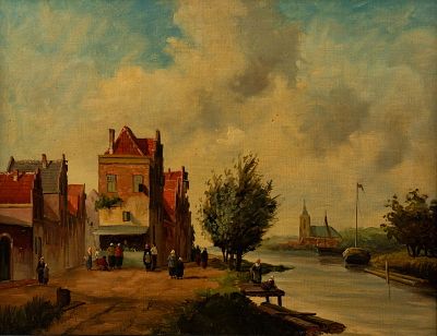 Dutch School Canal Townscape Oil on Board. A Dutch School oil on board painting depicting a 