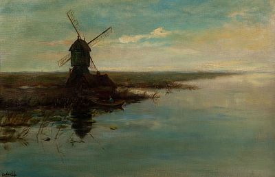 Attributed P. Gabriel Windmill Landscape Oil on Canvas. Attributed Paul Joseph Constantin 