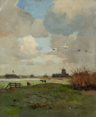 Evert Jan Ligtelijn Pastoral Scene Oil on Canvas. An Evert Jan Ligtelijn (Dutch, 1893 - 1975) 