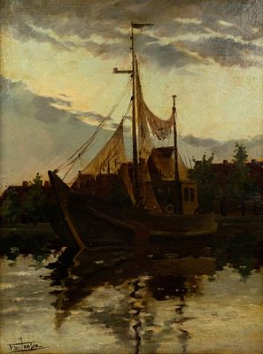 Hendrik W. Jansen Sailboat at the Dock Oil on Canvas. A Hendrik Willebrord Jansen (Dutch 