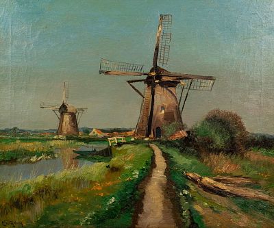 Christiaan Snijders Windmill Landscape Oil on Canvas. A Christiaan Snijders (Dutch, 1881 - 1943) 