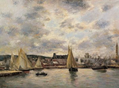 G. Dillens Sailboats at Port Oil on Canvas Painting. An oil on canvas painting depicting a 