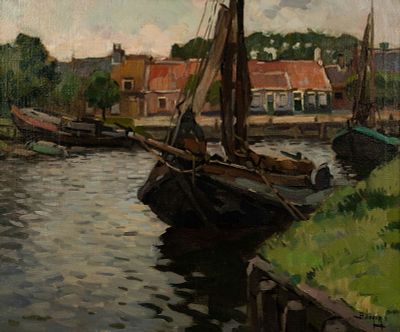 Ben Viegers Ship at Dock Oil on Canvas Painting. A Bernardus Petrus (Ben) Viegers (Dutch, 1886 - 