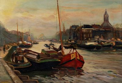 Dutch School Harbour Scene Oil on Canvas. A Dutch school oil on canvas painting depicting a 