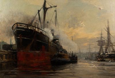 Hendrik W. Jansen Steamboat at the Dock Oil on Canvas. A Hendrik Willebrord Jansen (Dutch, 1855 