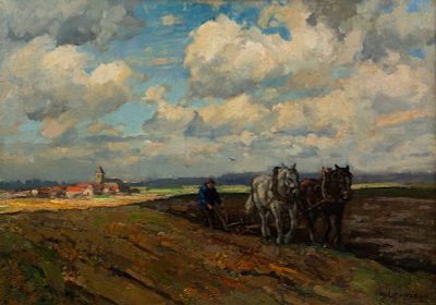 Henk Leeuwen Pastoral Landscape Oil on Canvas Painting. A Henk van Leeuwen (1890-1972) oil on 
