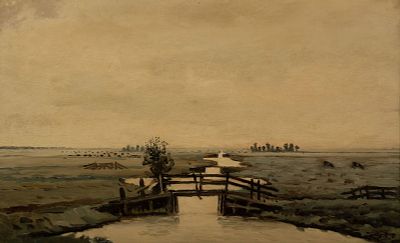 Dirk Nijland 'Polderlandschap' Oil on Board Painting. Dirk Nijland (Dutch, 1881 - 1955) oil on 