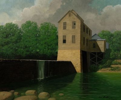 John Boatwright Dam Landscape Oil on Canvas. A John Boatwright (American, 1923-2006) oil on 