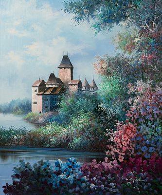 L Russell Castle Scene Acrylic on Canvas Painting. An acrylic on canvas painting depicting a 