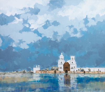 Signed Dakin Mission San Xavier del Bac A/C. An acrylic on canvas painting depicting the mission 