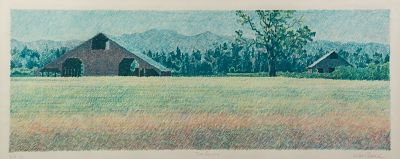 Mike Pease 'Two Barns' Lithograph. A Mike Pease (American, 1930-2007) lithograph titled 'Two 