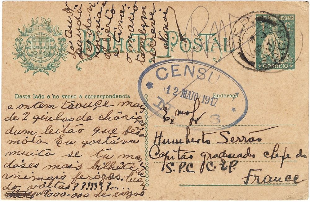 Portugal France Postal Code – Ceres postal stationery of 1 cent, addressed to Humberto Serr&atilde;o 