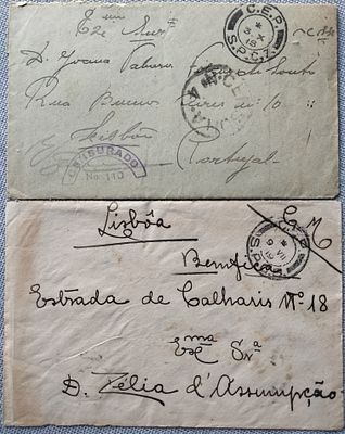 Portugal France CEP – two exempt envelopes sent to Portugal with CEP/SPC 7 and CEP/SPC 8 stamps 