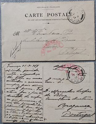 Portugal France Postal Code – illustrated postcard sent to Portugal with postmark CEP / SPC 14. 