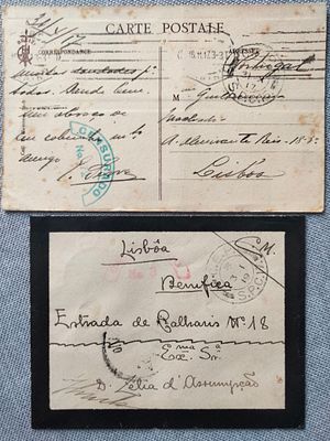 Portugal France Postal Code – illustrated postcard and envelope sent to Portugal with postmarks 