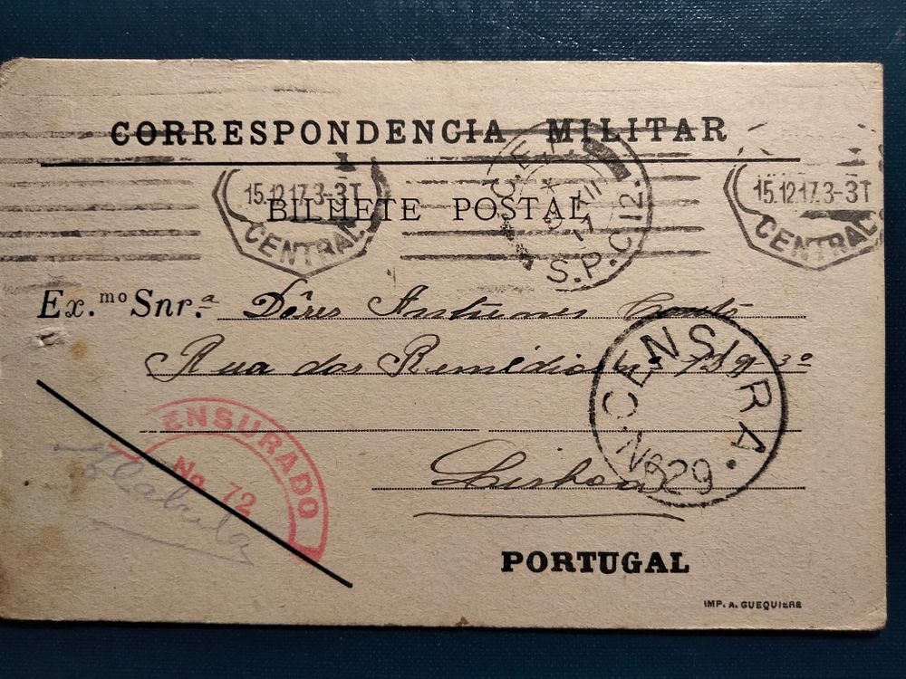 Portugal France Postal Code – Military Mail postal card circulated from SPC 12 on 8/12/17 to Lisbon.