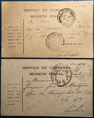 Portugal France Postal Code – two circulated “CAMPAIGN SERVICE” postcards, printed on 