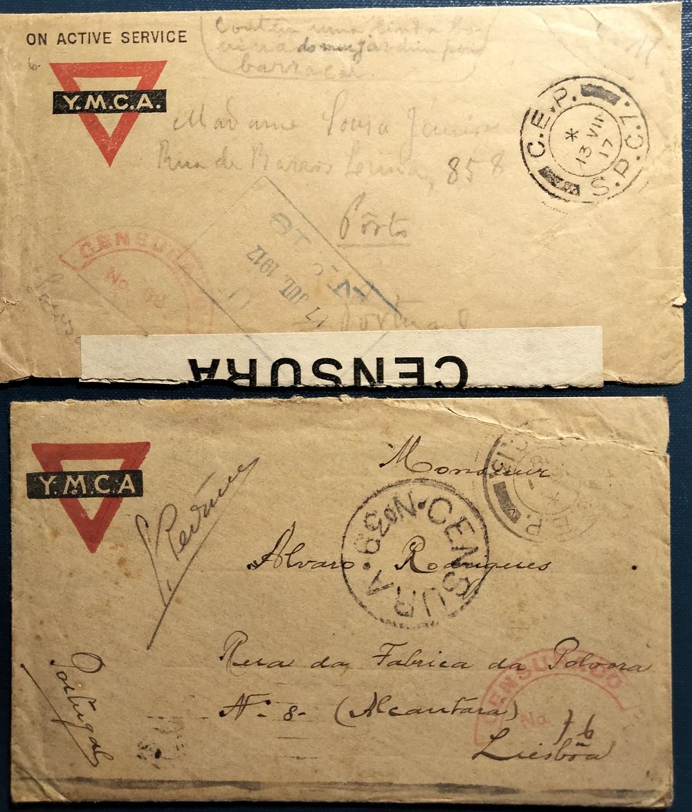 Portugal France Postcode – two censored YMCA letterheads for Portugal, one with the letter 