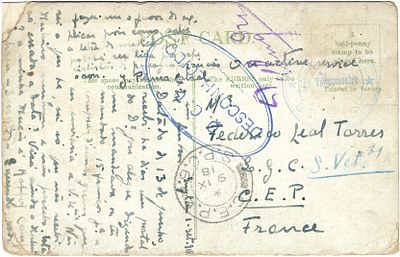 Portugal France Postcode – illustrated postcard circulated from England with stamp removed 