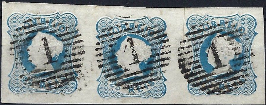 Portugal - 1853 D. Maria II, MF2c, 25 rs. blue, stamp II. Horizontal strip with 3 used stamps 