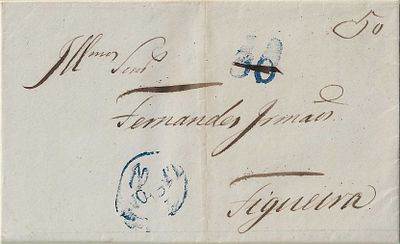 Lisbon – In blue, LF LSB13 on a letter dated Lisbon (February 25, 1943) to Figueira da Foz 
