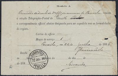 Portugal Form Model A for official correspondence receipt from Penela 22.07.86 of Service 