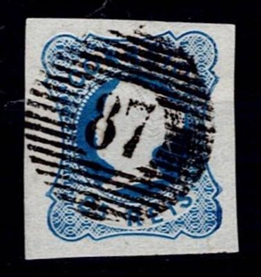 Portugal 1853 D. Maria II. Stamp Mf#2, 25 reis blue, not perforated , plain paper. Copy with 