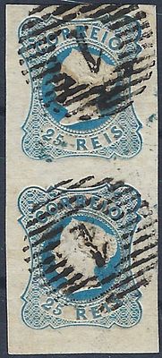 Portugal 1853 D&ordf; Maria II, used vertical pair of the 25rs MF2 stamp with good margins.
